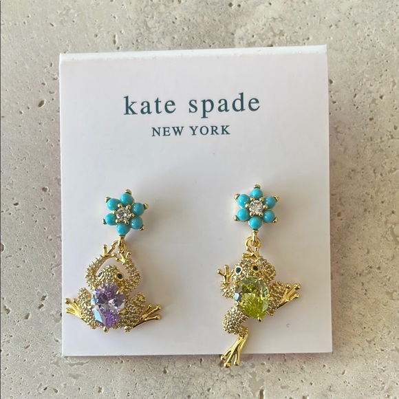 kate spade Jewelry - Kate Spade Gold Frog Earrings with Purple and Green Gems